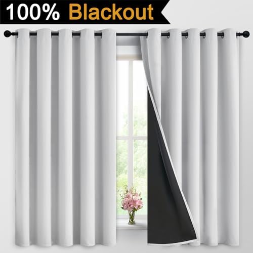 Yakamok Greyish White 100% Blackout Curtains 63 Inches Long, 2 Thick Layers - Image 2
