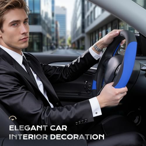 Coverado Car Steering Wheel Cover, Nappa Leather Black & Blue Steering Wheel - Image 7