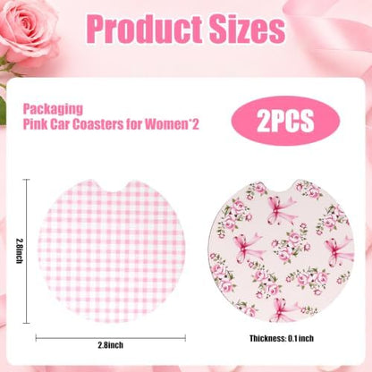 2PCS Wooden Pink Car Coasters for Women, Bow & Checkered Car Cup Coasters - Image 2