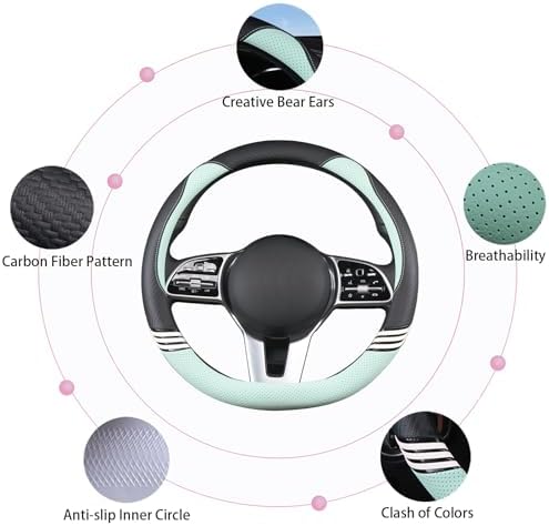 15 inch Cute Leather D Shape Steering Wheel Cover Black Green - Image 5