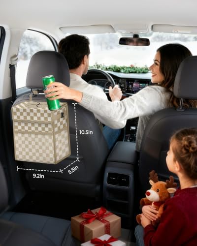 Corduroy Car Trash Can with Lid and Mesh Pockets - Image 2