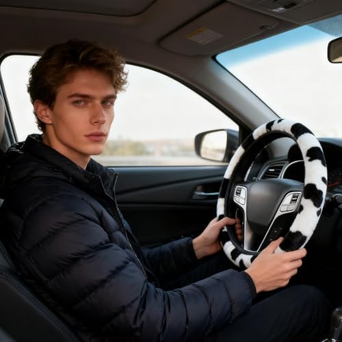 Cow Print Fuzzy Steering Wheel Cover Universal-2PCS Car Coasters - Image 6