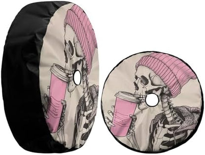 Delerain Spare Tire Cover with Backup Camera Hole Skeleton Drinking Coffee - Image 3