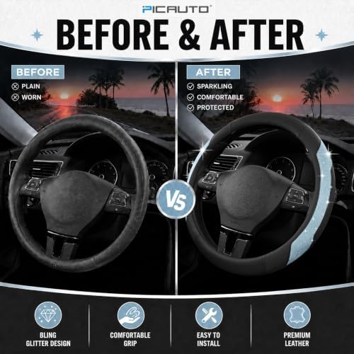 PIC AUTO Steering Wheel Cover, Light Blue Sparkly Crystal Bling Glitter - Image 6