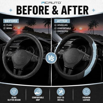 PIC AUTO Steering Wheel Cover, Light Blue Sparkly Crystal Bling Glitter - Image 6