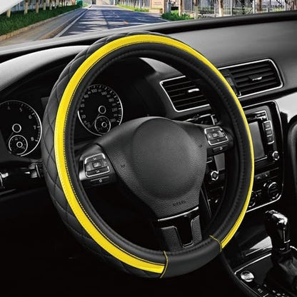 Road Comforts Leather Steering Wheel Cover – Black & Yellow, Universal Fit by RoadComforts