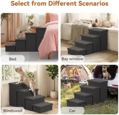 Zerbuger Dog Stairs with Storage, Dark Grey 4 Steps Dog Ramp no Condo - Image 6