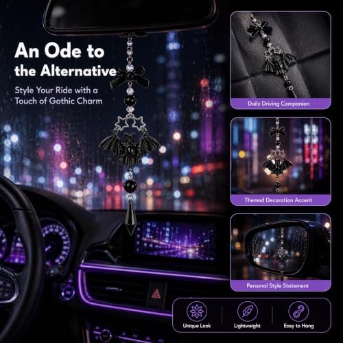 Gothic Car Rearview Mirror Charm Black Crystal Bat Pendant Decor - Image 2