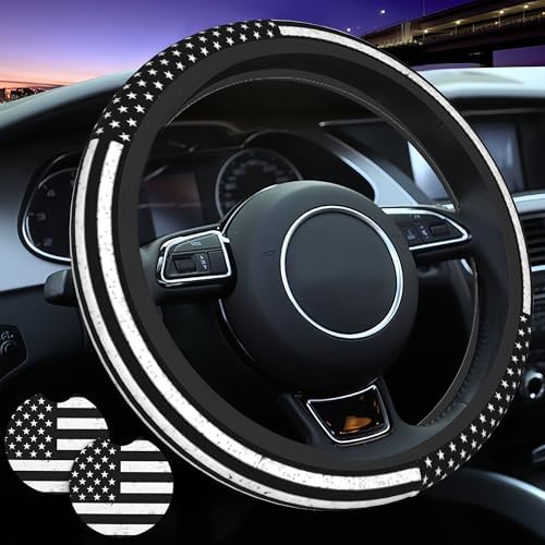 American Flag Black Steering Wheel Cover 15 in + 2 Pieces USA Car Coasters by Unknown