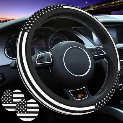 American Flag Black Steering Wheel Cover 15 in + 2 Pieces USA Car Coasters by Unknown