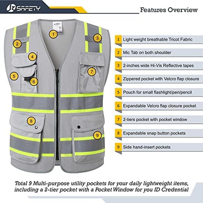 JKSafety Safety Vest for Men Women Reflective Hi Vis JK901 Grey XL - Image 3
