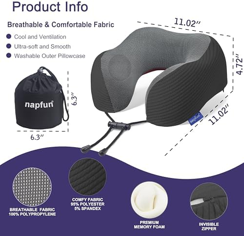 napfun Neck Pillow for Travel, Memory Foam Airplane Pillow, Charcoal Black - Image 2