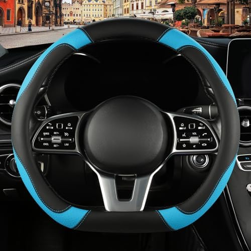 Black Blue Microfiber Leather D Shaped Steering Wheel Cover by Binsheo