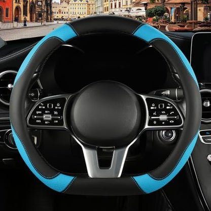 Black Blue Microfiber Leather D Shaped Steering Wheel Cover by Binsheo