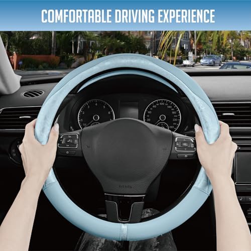 PIC AUTO Steering Wheel Cover, Light Blue Patterned Leather Patchwork Design - Image 5