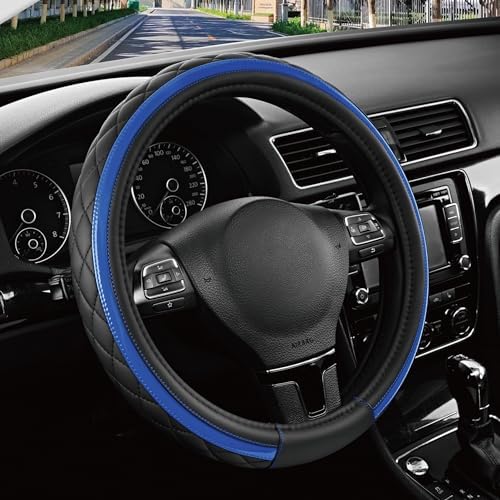 Road Comforts Leather Steering Wheel Cover – Black & Blue, Universal Fit by RoadComforts