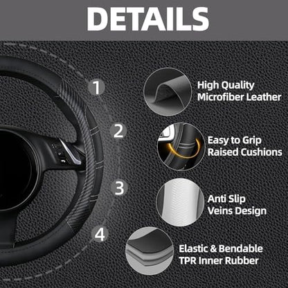 NBTEPEM 6 Pcs Black Carbon Fiber Steering Wheel Cover Set, Sport Microfiber - Image 3