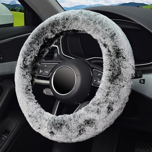 KAFEEK Fluffy Winter Steering Wheel Cover, Universal 15 Inch, Frost Grey - Image 3