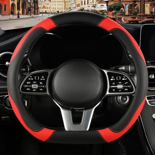 Black Red Microfiber Leather D Shaped Steering Wheel Cover by Binsheo