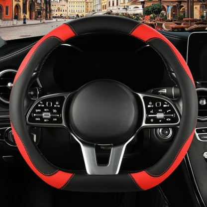 Black Red Microfiber Leather D Shaped Steering Wheel Cover by Binsheo