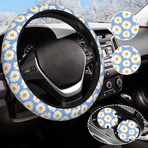 Daisy Flower Steering Wheel Cover Anti-Slip and Practical 14.5-15 Inch by Olemier
