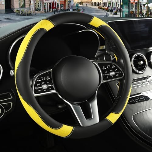 Black Yellow Breathable Microfiber Leather Steering Wheel Cover by Binsheo