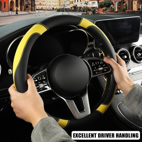 Black Yellow Microfiber Leather D Shaped Steering Wheel Cover - Image 5