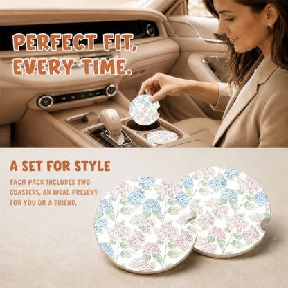 Blue Pink Hydrangea Car Coasters, Retro Coastal Floral Cup Holders - Image 2