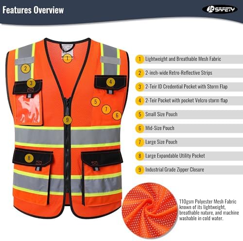 JKSafety Safety Vest for Men Women Hi Vis Reflective Vest JK220 Orange L - Image 4