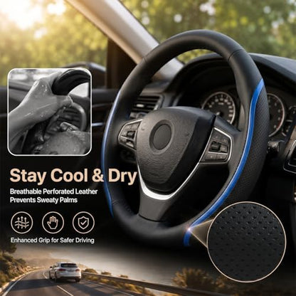 Steering Wheel Cover Blue and Black Leather Universal 14.5-15 inch - Image 4