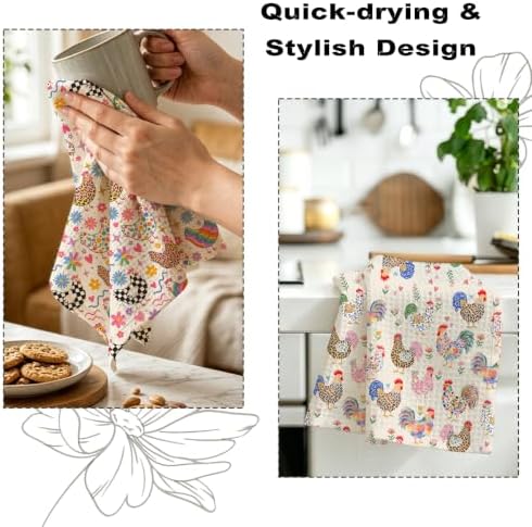 2 Pcs Cute Chicken Kitchen Towels, Floral Soft Absorbent Hand Tea Towel 02 - Image 6