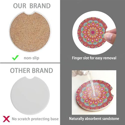 Boho Mandala Car Coasters for Women 2 Pack, Vintage Flower Ottoman Absorbent - Image 4