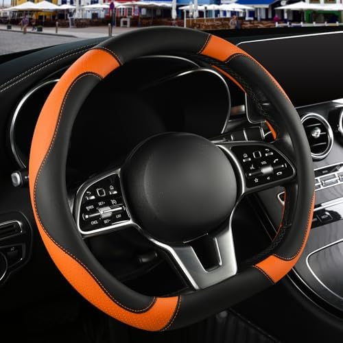 Black Orange Microfiber Leather D Shaped Steering Wheel Cover - Image 2