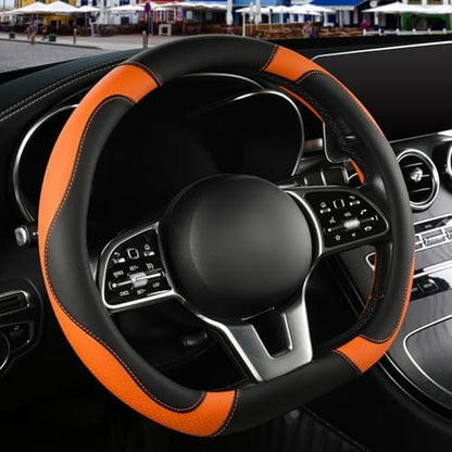 Black Orange Microfiber Leather D Shaped Steering Wheel Cover - Image 2