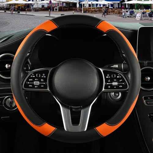 Black Orange Microfiber Leather Steering Wheel Cover 14 inch - Image 2