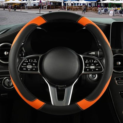 Black Orange Microfiber Leather Steering Wheel Cover 14 inch - Image 2
