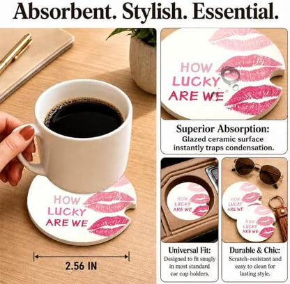 Pink Lip Print Car Coasters, How Luck are We Coquette Cup Holders - Image 3