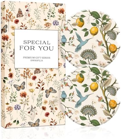 Swooflia Floral Absorbent Ceramic Car Coasters Set of 2, Cute Botanical by Swooflia