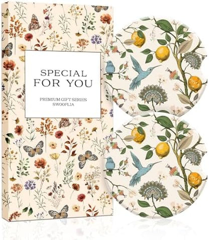 Swooflia Floral Absorbent Ceramic Car Coasters Set of 2, Cute Botanical by Swooflia