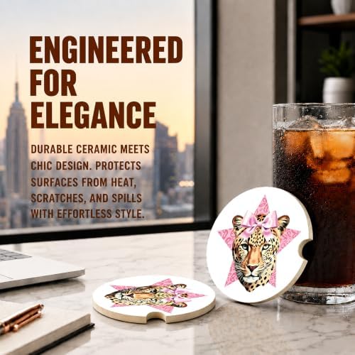 Pink Bow Car Coasters, Retro Leopard Print Coquette Cup Holders - Image 5