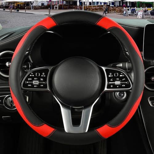 Black Red Microfiber Leather Steering Wheel Cover 14 inch - Image 2