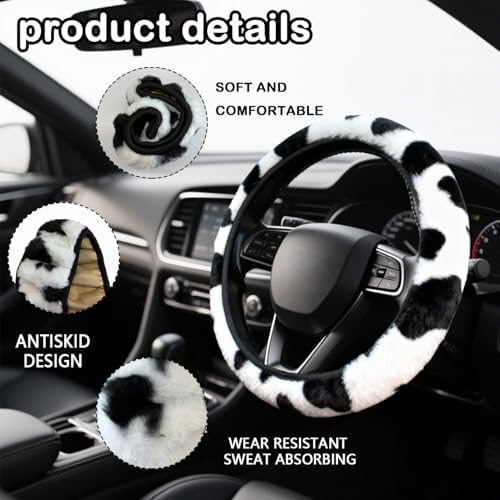 Cow Print Fuzzy Steering Wheel Cover Universal-2PCS Car Coasters - Image 3