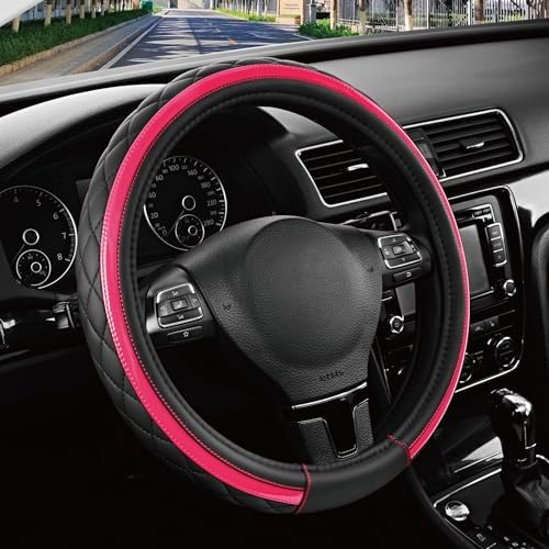 Road Comforts Leather Steering Wheel Cover – Black & Hot Pink, Universal Fit by RoadComforts