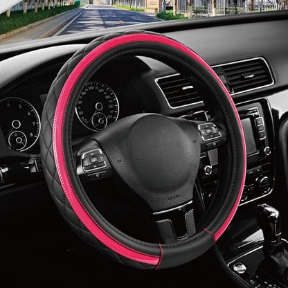 Road Comforts Leather Steering Wheel Cover – Black & Hot Pink, Universal Fit by RoadComforts