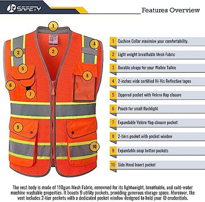 JKSafety Hi Vis Safety Vest for Men Women Cushioned Collar JK101 Orange 2XL - Image 4