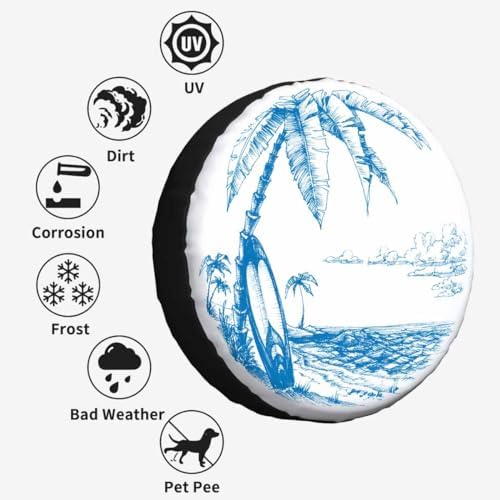 Palm Trees and Sea View Spare Tire Cover Surfing Background Blue Line Drawing - Image 4