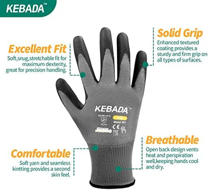 Kebada W1 Safety Work Gloves for Men Women, 120 Pairs Bulk Pack, PU Coated - Image 2