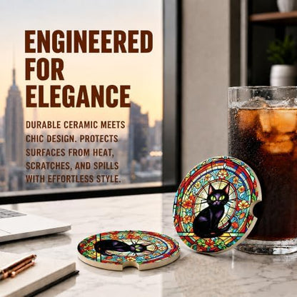 Black Cat Stained Glass Car Coasters, Retro Floral Gothic Cup Holders - Image 5