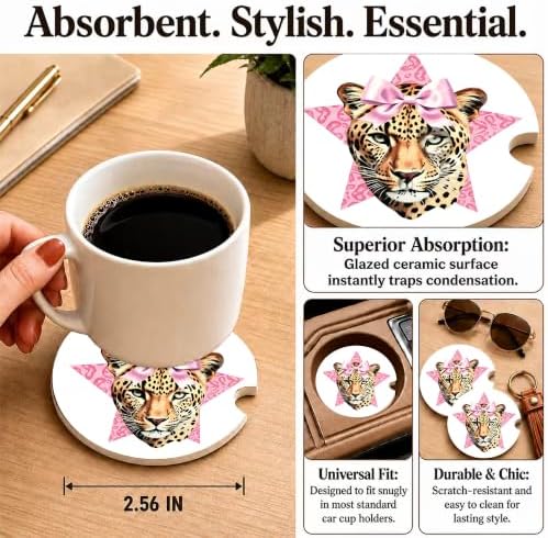 Pink Bow Car Coasters, Retro Leopard Print Coquette Cup Holders - Image 3