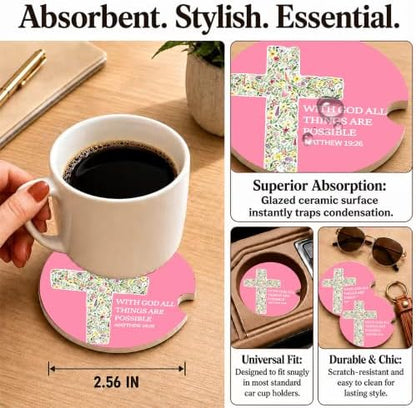 Pink Christian Bible Car Coasters, Floral Cross Scripture Cup Holders - Image 3